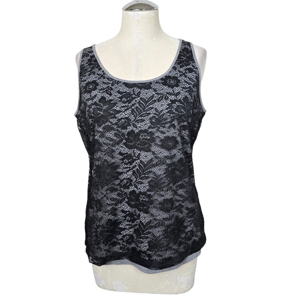 New York & Company Black Gray Floral Tank Top M